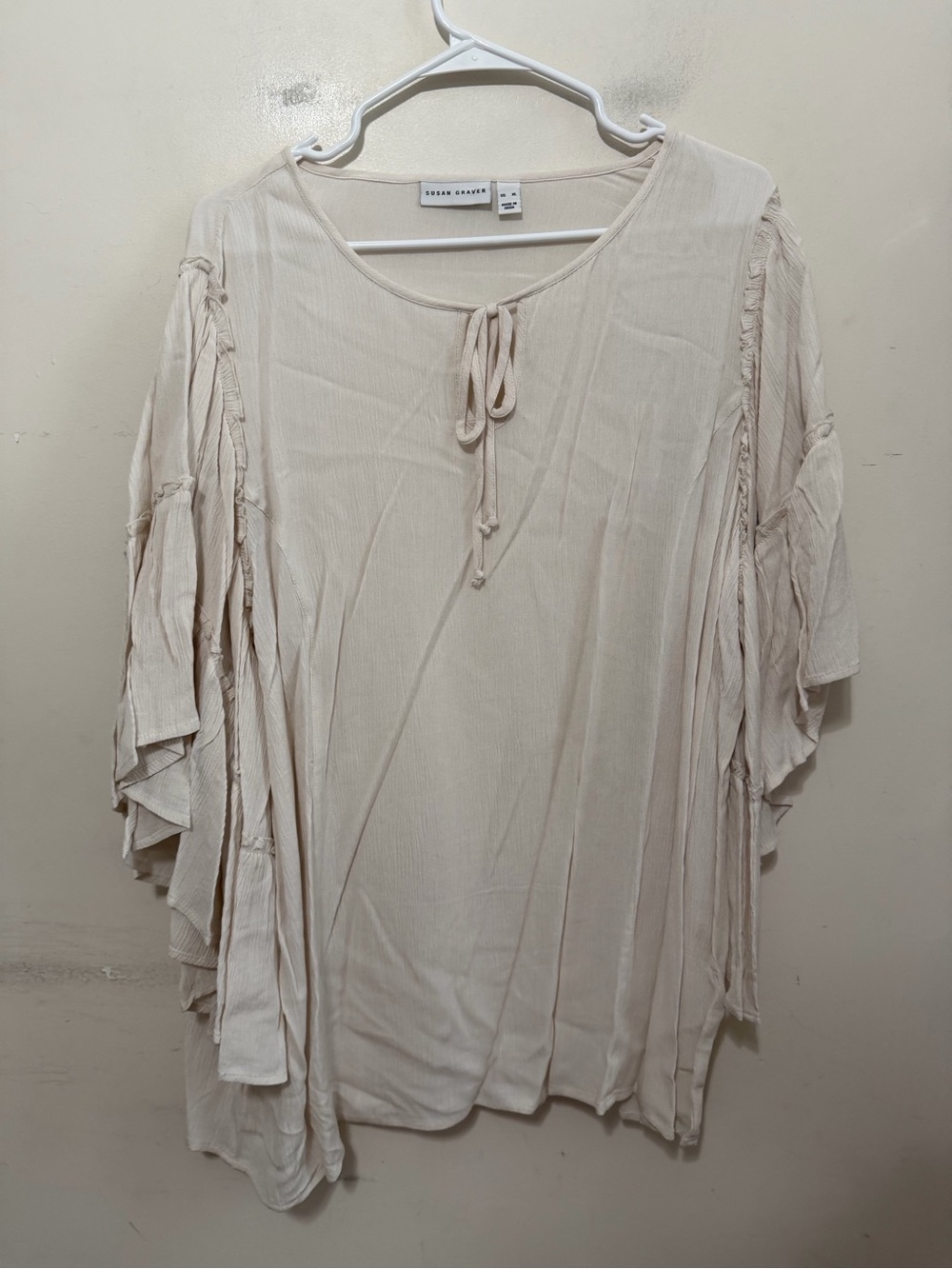 Susan Graver Cream Ruffle Bell Sleeve Tie Neck Blouse Women's XL Boho Flowy Top